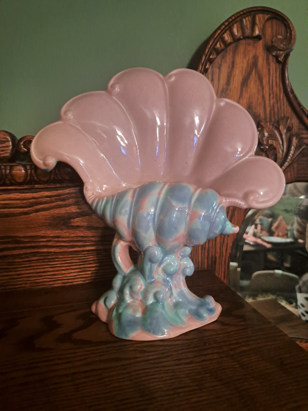 Vintage 40's Royal Haeger Pedestal Shell Vase Pink & Blue - Mauve Agate 10.5 In